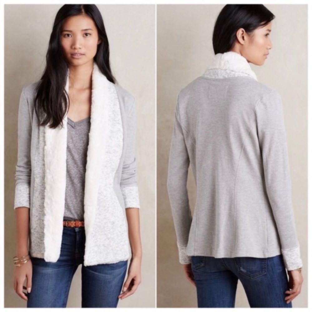 ANTHROPOLOGIE SATURDAY SUNDAY FAUX FUR TRIMMED GRAY OPEN CARDIGAN